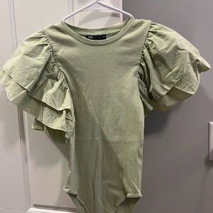 Zara Light Green Ribbed Bodysuit with Ruffles